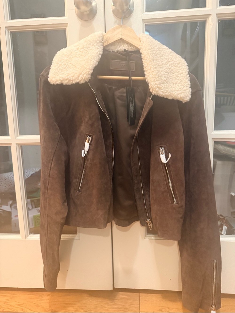Blank NYC Brown Suede Bomber Jacket with Cream Shearling Collar